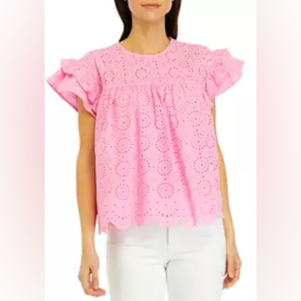 Crown & Ivy Women's Eyelet Scallop Trim Top Pink Sky Size Medium NWOT